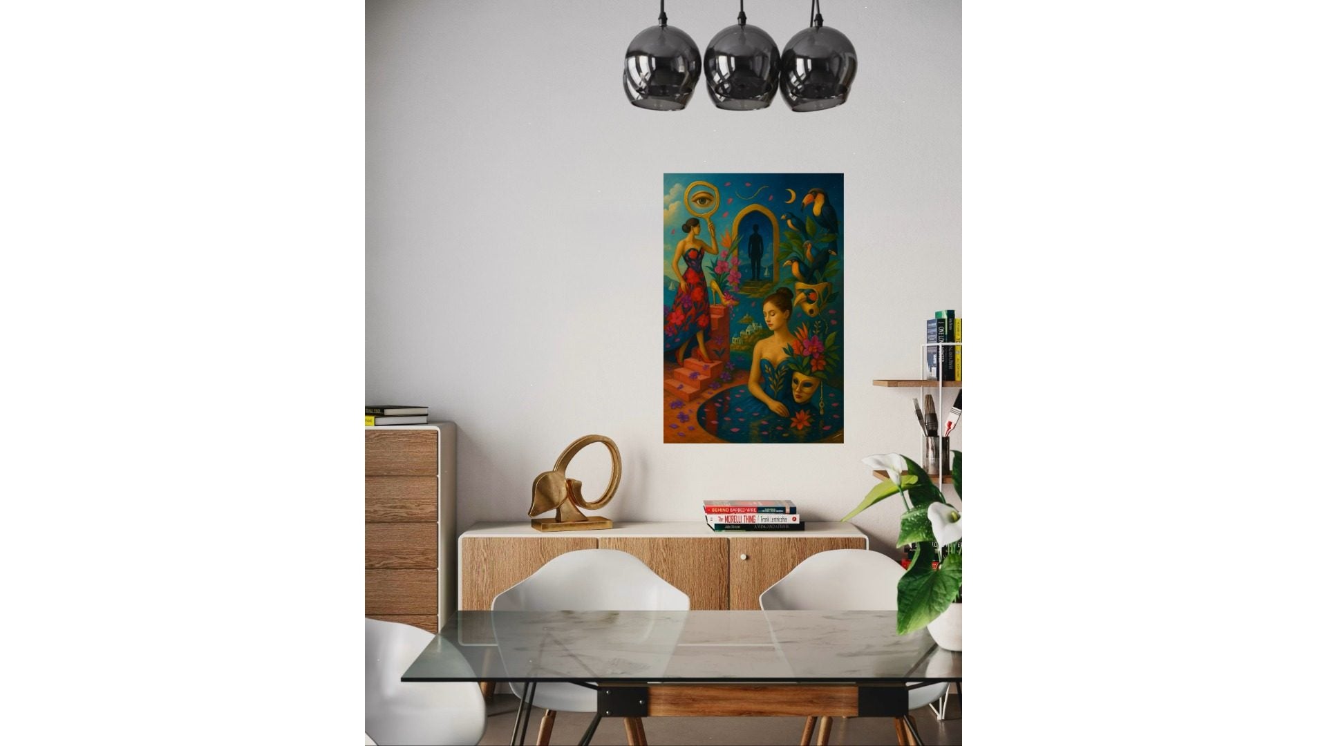 Mirrors of the Muse print, surreal feminine art with reflective symbolism, styled in a frame above modern home furnishings.