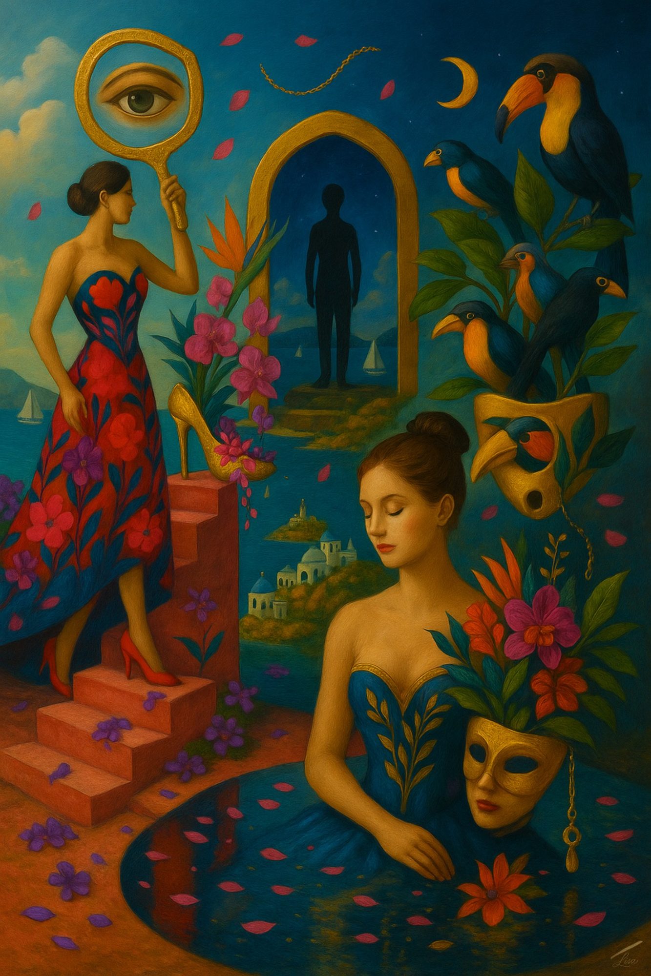 Mirrors of the Muse print, surreal feminine art with reflective symbolism and elegant painterly textures.