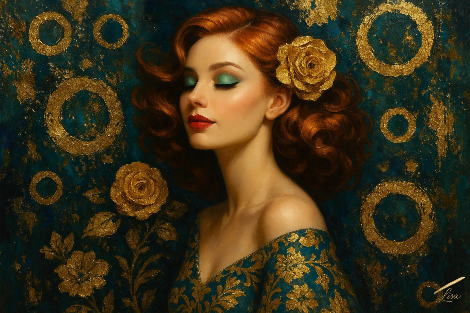 Orbiting Rose Original Painting — hand-painted commissioned artwork in teal and gold with gilded roses and rings.