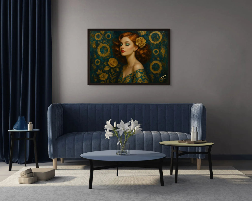 Orbiting Rose Original Painting displayed in a modern living room with black frame, teal and gold couture artwork.