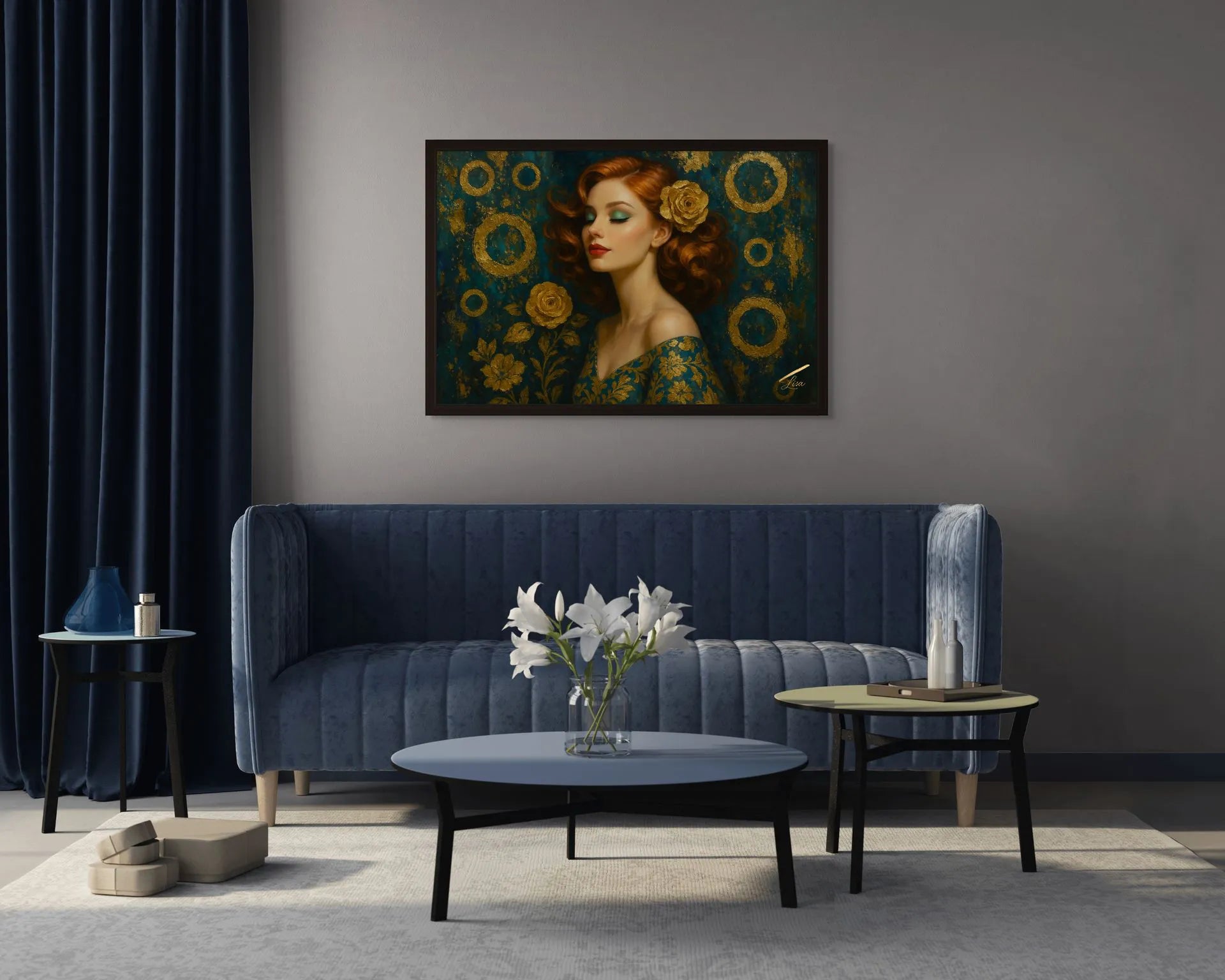 Orbiting Rose Original Painting displayed in a modern living room with black frame, teal and gold couture artwork.