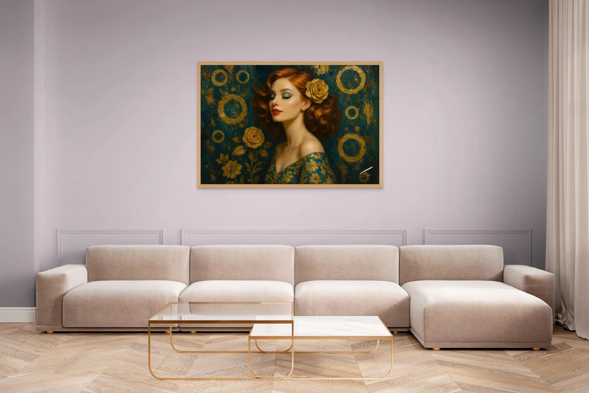 Orbiting Rose Original Painting in oak frame, luxury teal and gold wall art styled above a beige sofa