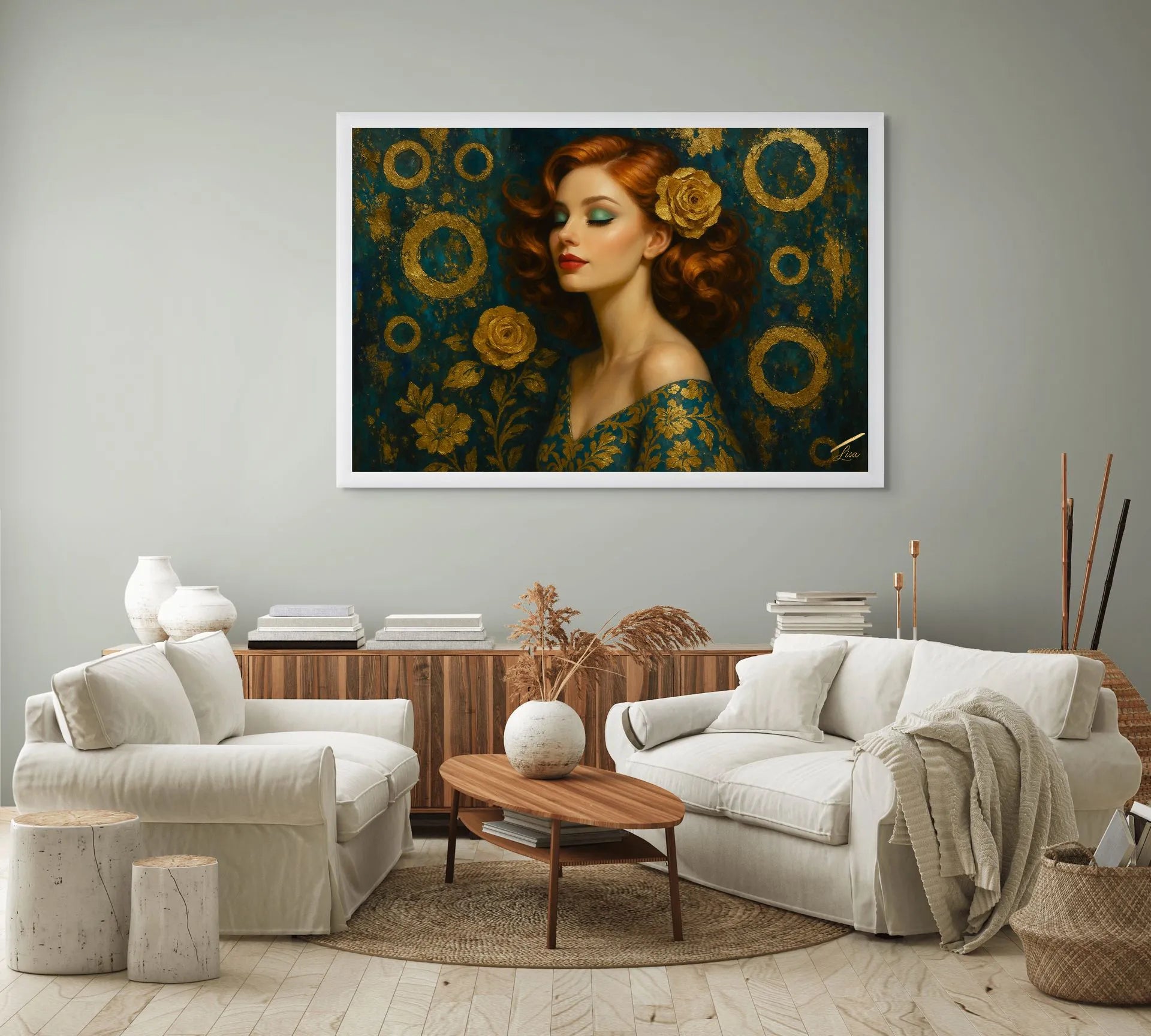 Orbiting Rose Original Painting in white frame, couture teal and gold artwork styled in a light contemporary living room