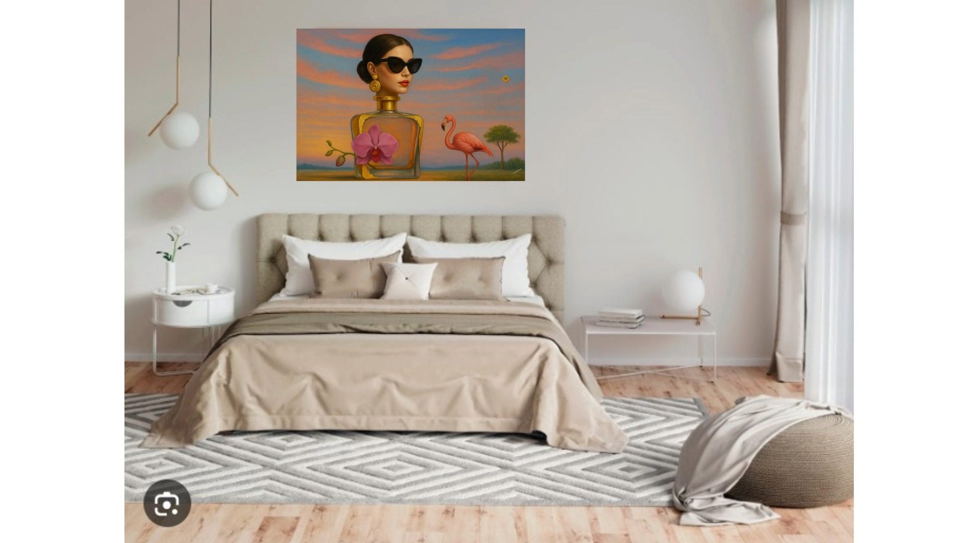 Orchid Essence print, modern floral art with golden surreal tones, styled in an oak frame within a contemporary room.