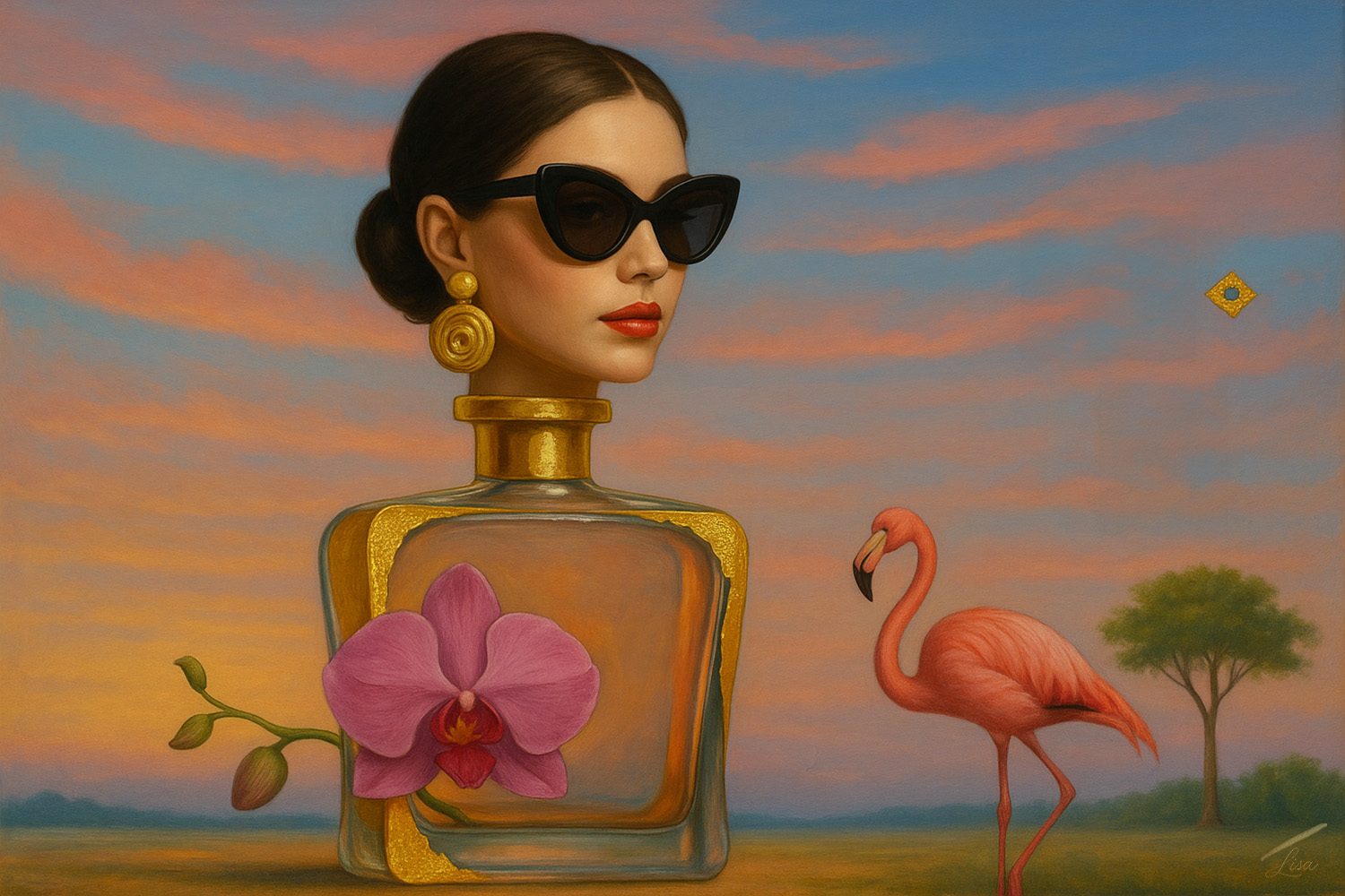 “Orchid Essence print, modern floral artwork with soft painterly finish and surreal golden background tones.