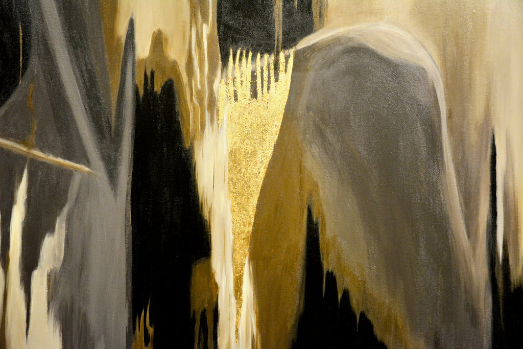 Release artwork detail by Lisa Rees showing abstract female figure, layered neutral tones and hand-applied gold leaf