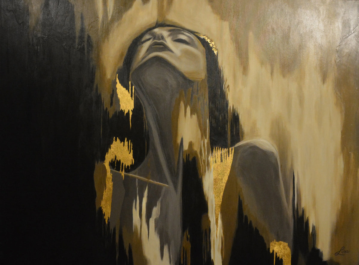 Release by Lisa Rees, 2026, original abstract figurative painting in acrylic, mixed media and gold leaf on canvas