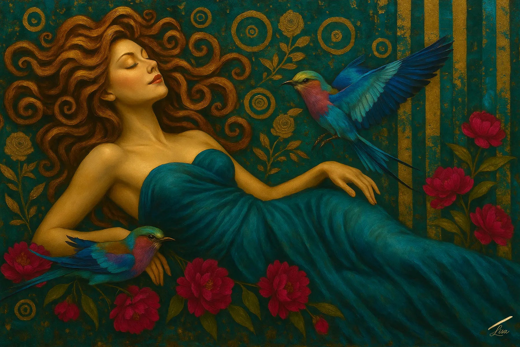 Fine art print of a golden muse with teal highlights, signed by Luxe Wall Art by Lisa