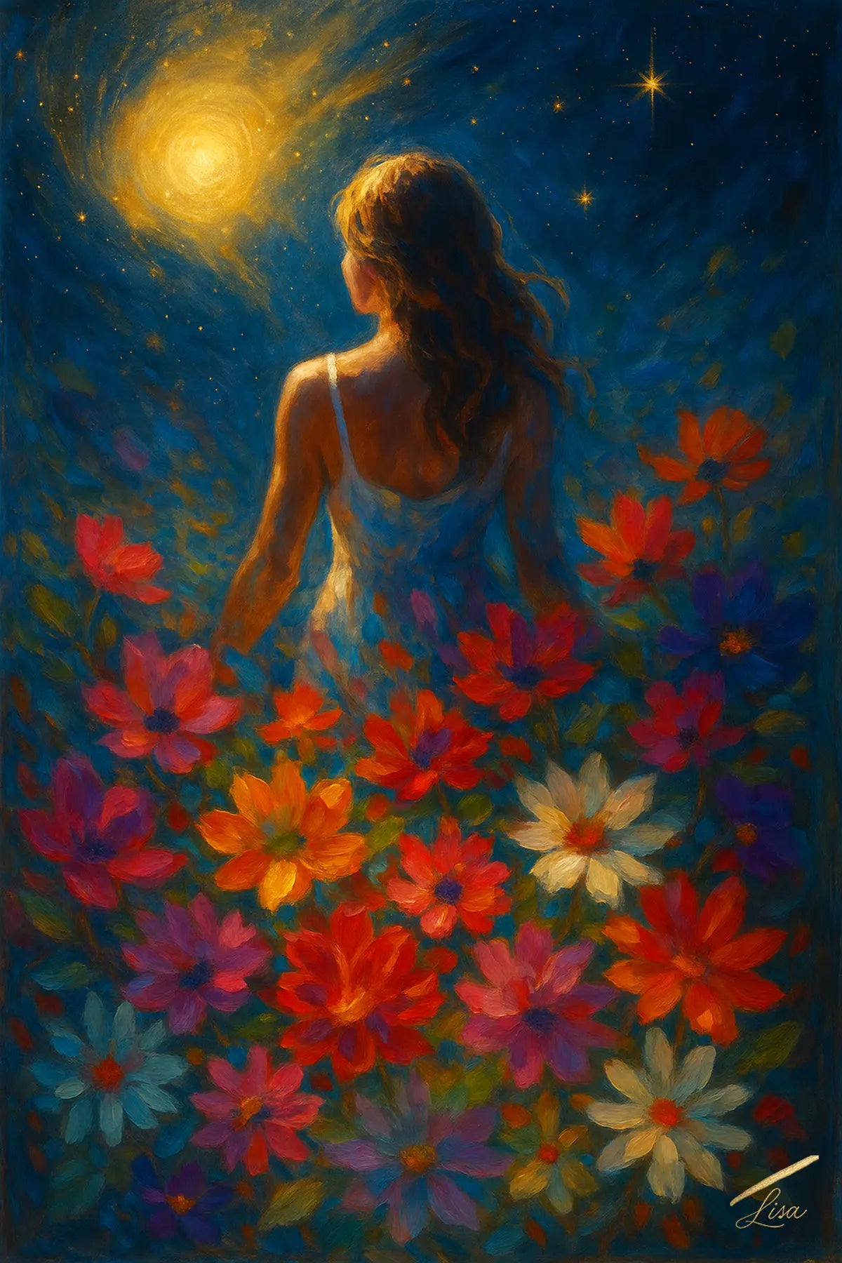 Stellar Petals fine art print – floral couture portrait with dramatic florals.