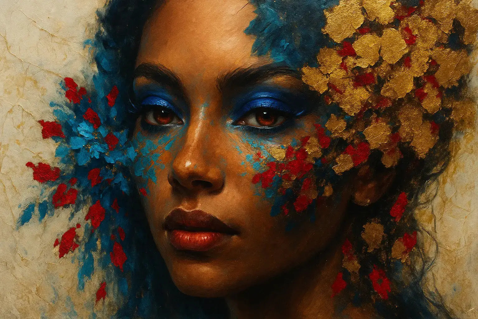 Close-up portrait with vivid blue eyeshadow and gold leaf details — ‘Shards of Desire’ by Luxe Wall Art by Lisa.