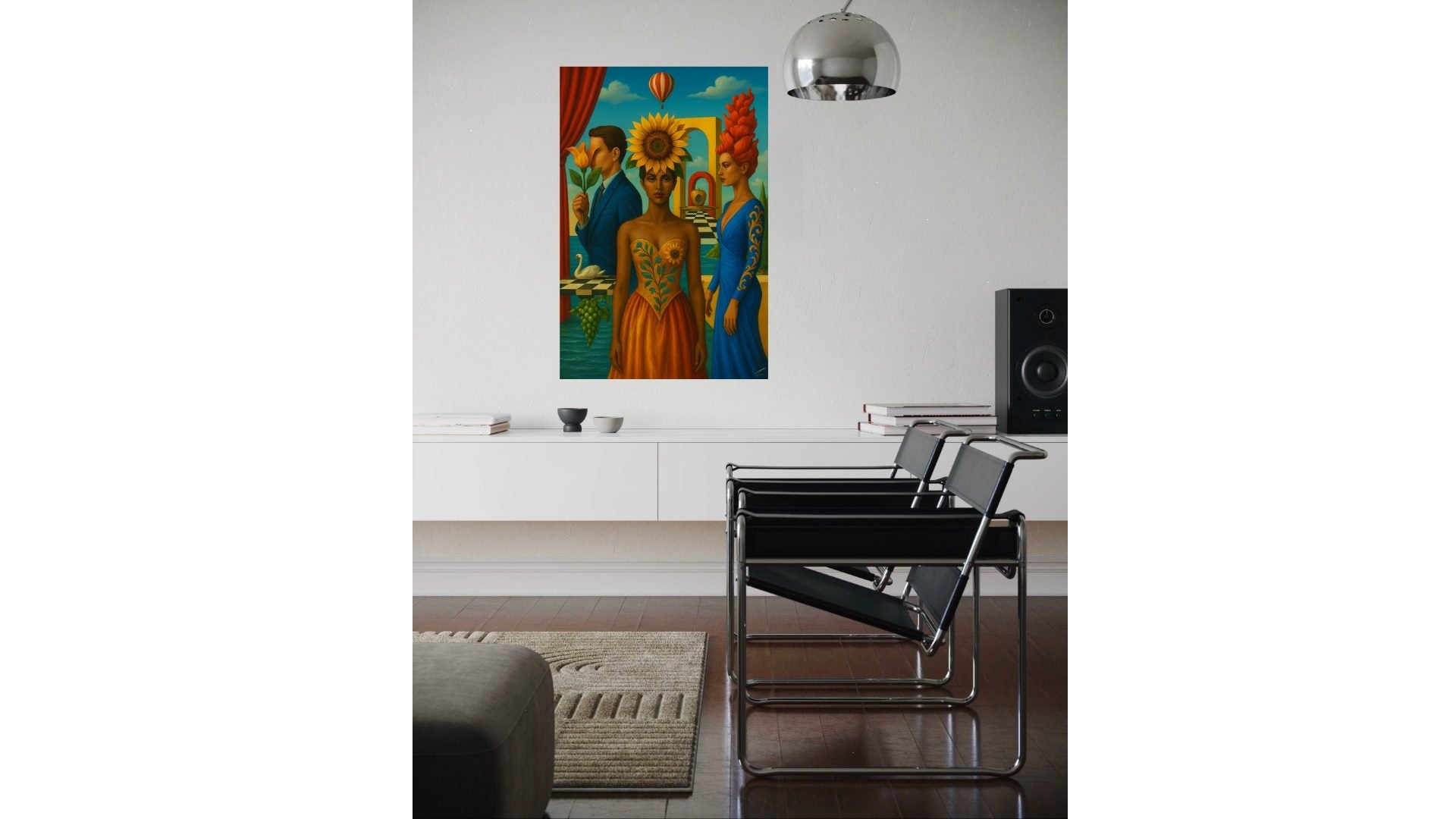 The Bloom Between Worlds print, surreal fashion-inspired art with bold colours, shown framed and styled in a modern living room.