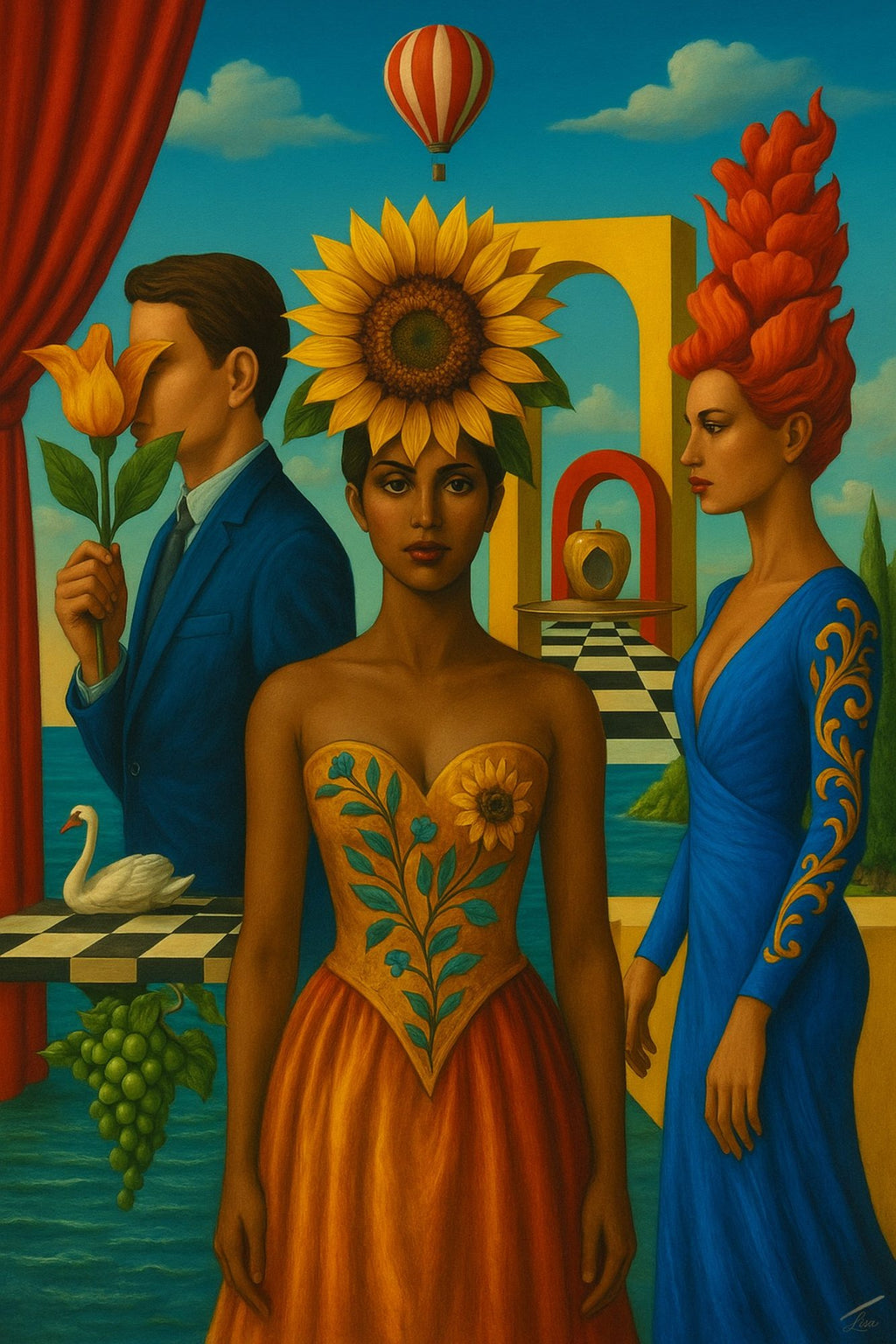 The Bloom Between Worlds print, surreal fashion-inspired art with bold colours and floral symbolism.