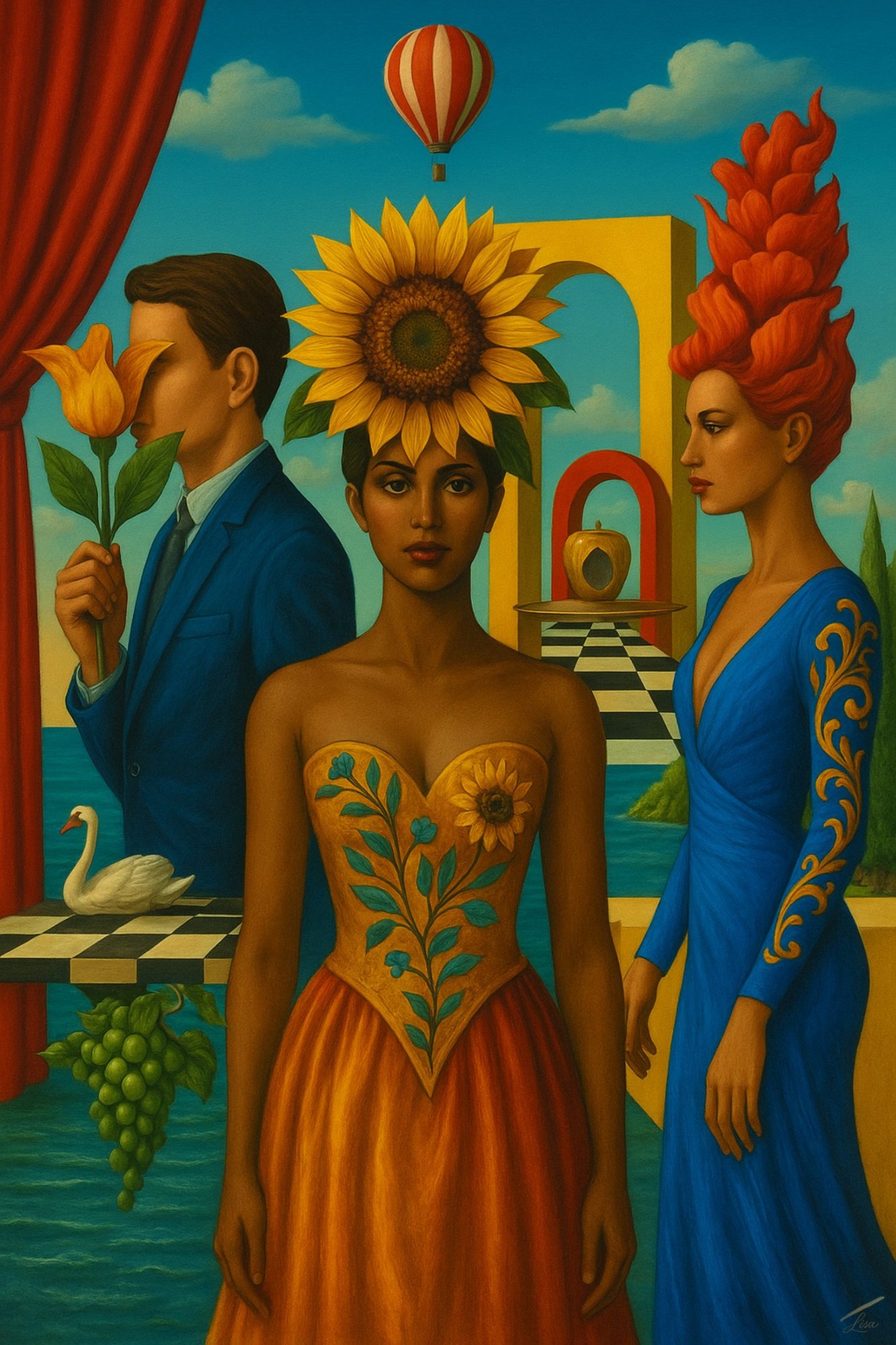 The Bloom Between Worlds print, surreal fashion-inspired art with bold colours and floral symbolism.