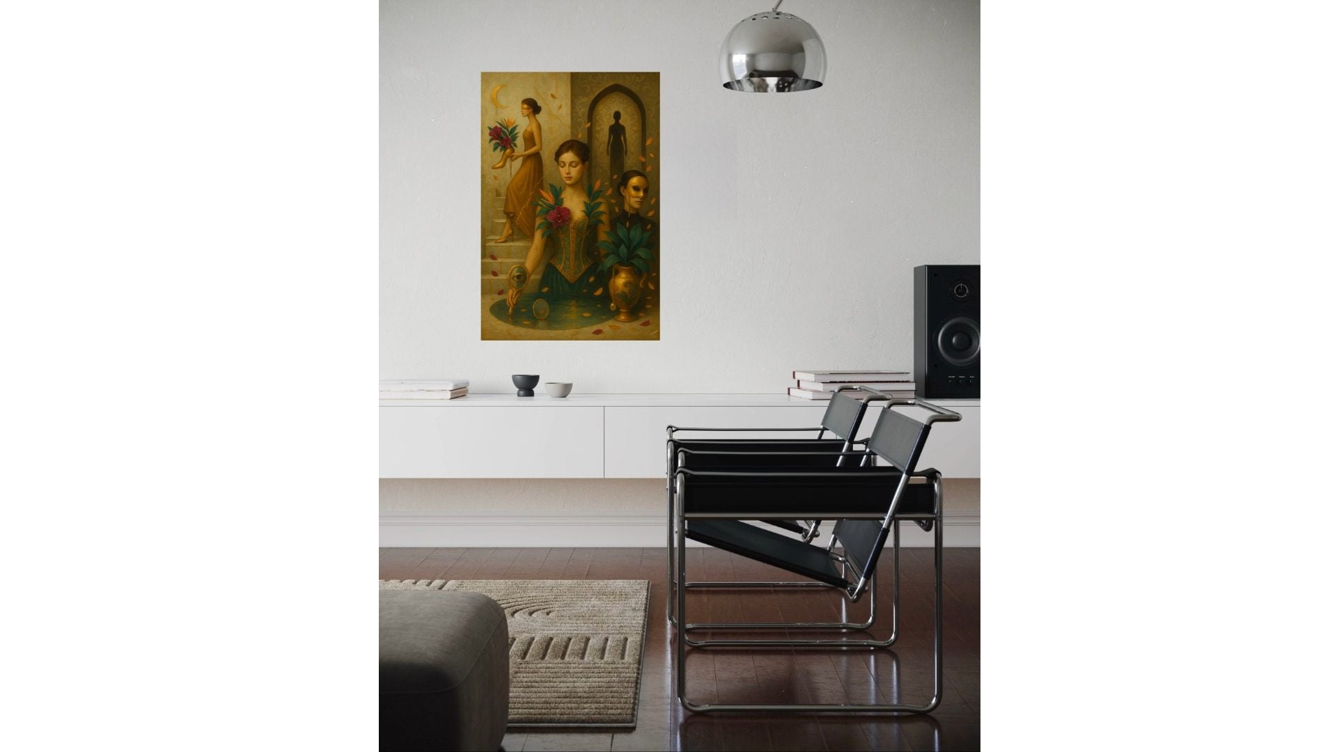 The Keeper of Quiet Truths print, surreal couture-inspired portrait with golden tones, styled in a modern home