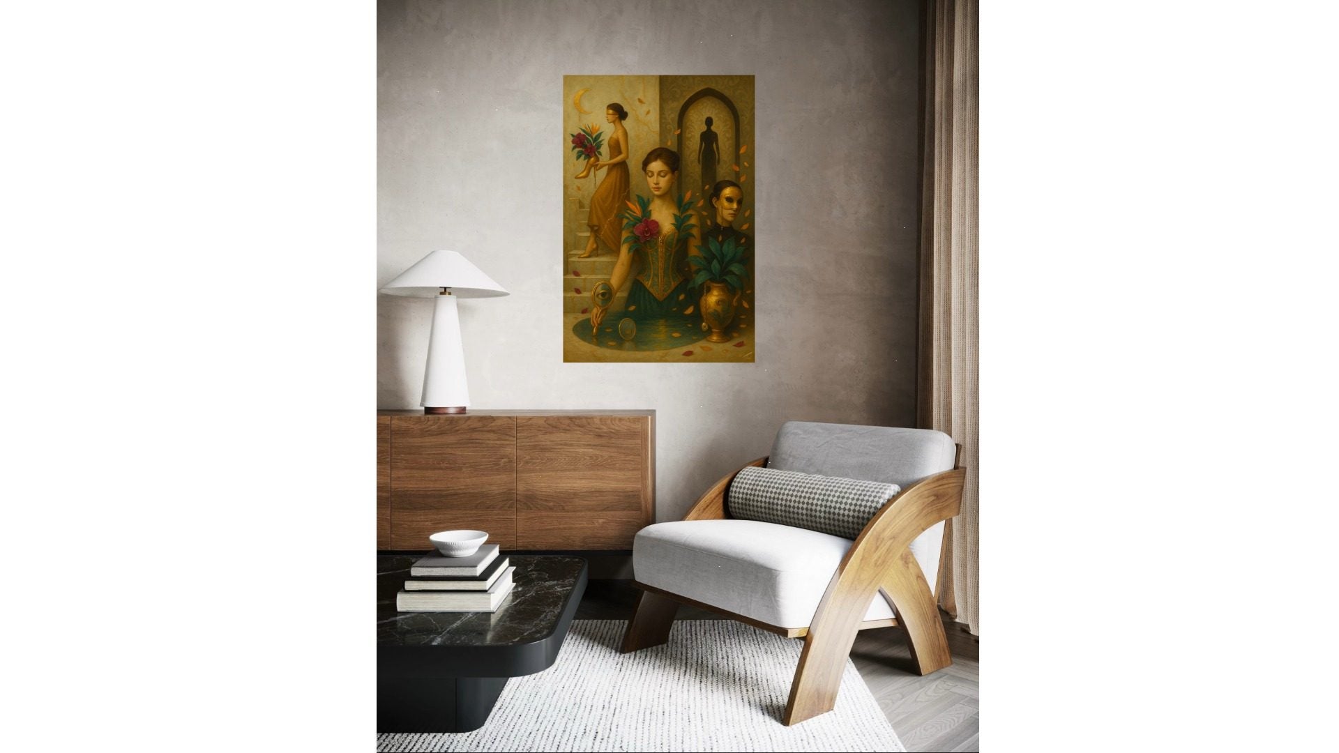 The Keeper of Quiet Truths print, surreal couture-inspired portrait with golden tones, styled in a modern home