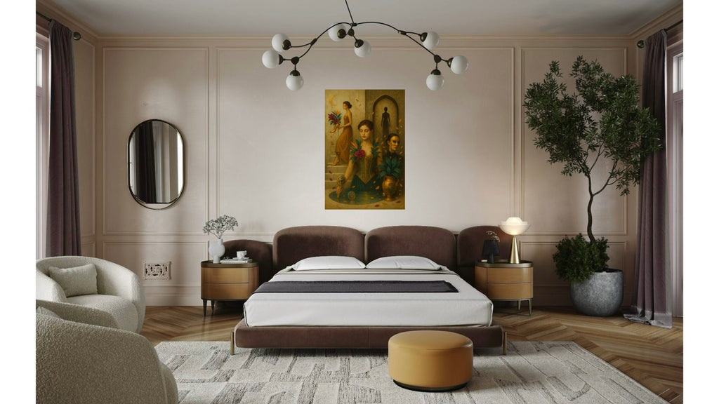 The Keeper of Quiet Truths print, surreal couture-inspired portrait with golden tones, styled in a bedroom.