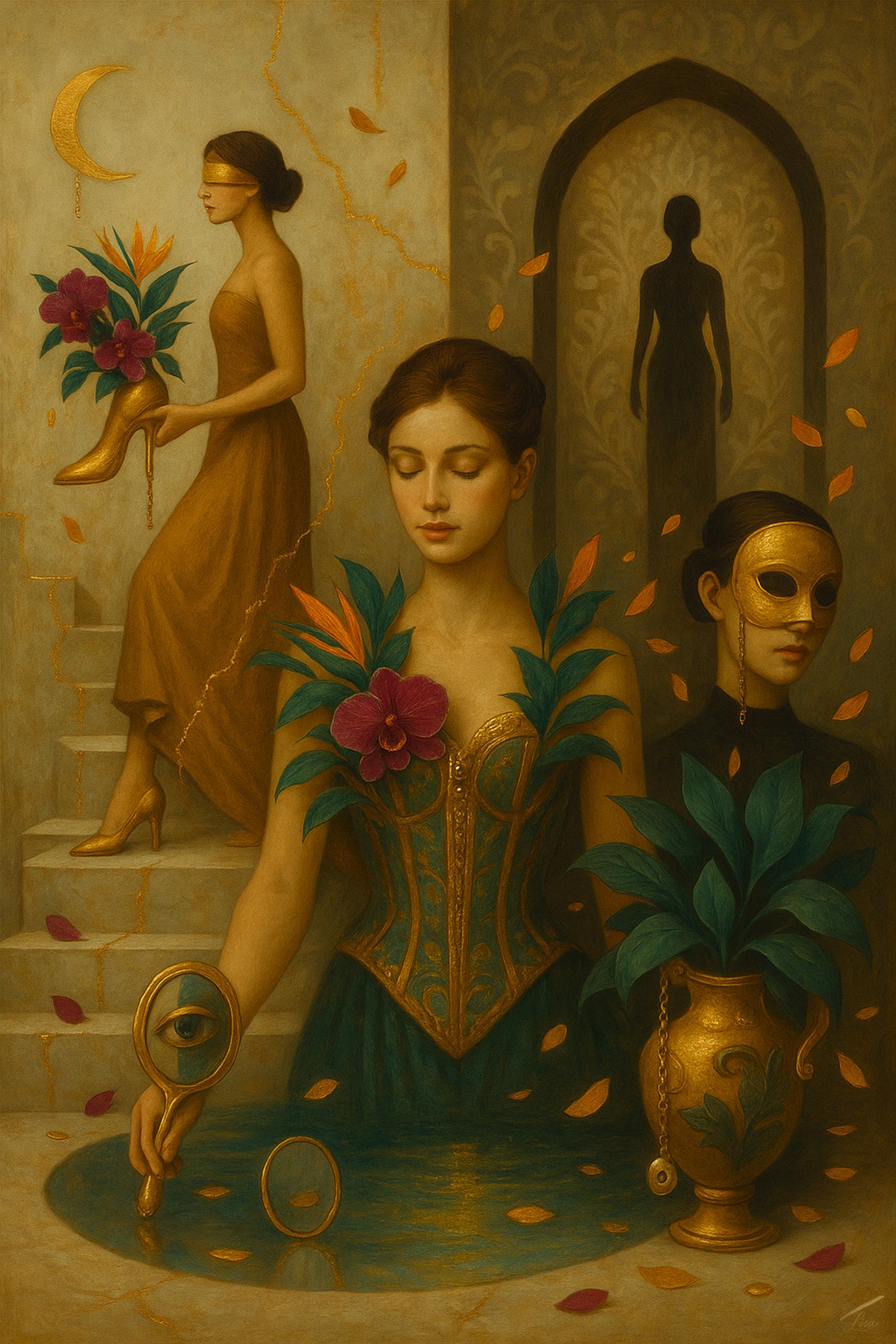 The Keeper of Quiet Truths print, surreal couture-inspired portrait with symbolic golden tones.