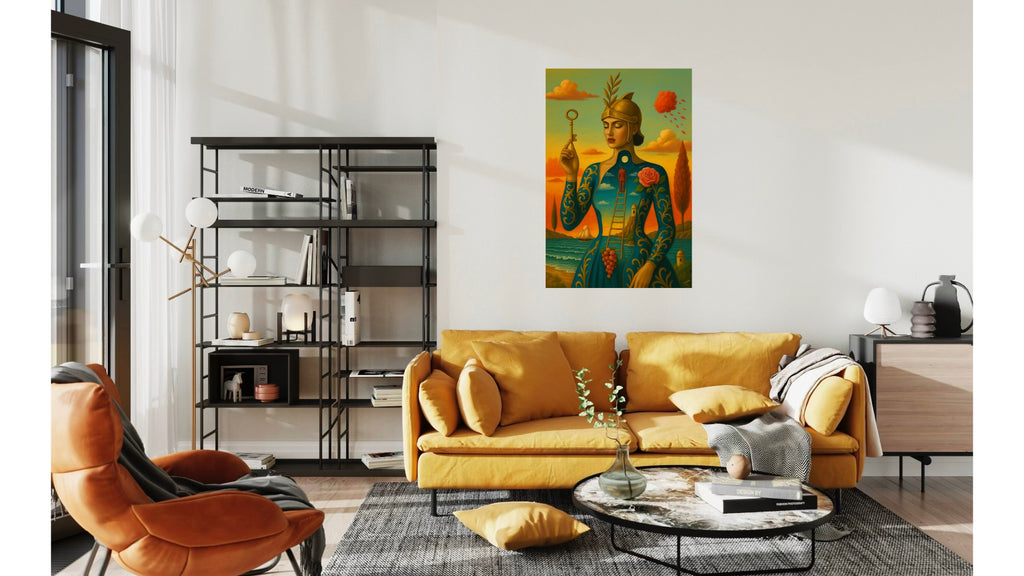 The Keyholders Reverie print, symbolic couture artwork with golden tones, displayed in an oak frame within a modern interior,