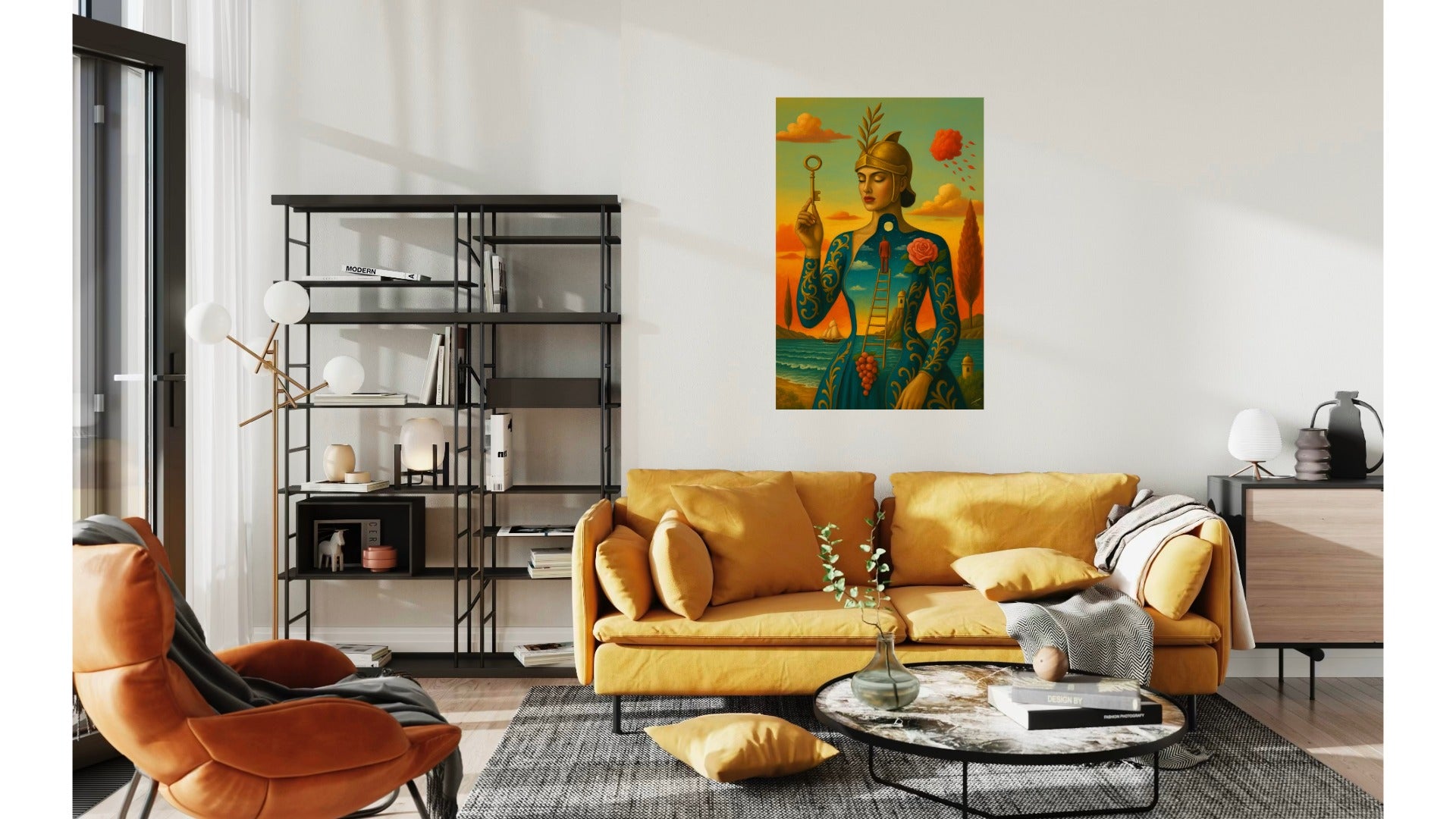 The Keyholders Reverie print, symbolic couture artwork with golden tones, displayed in an oak frame within a modern interior,