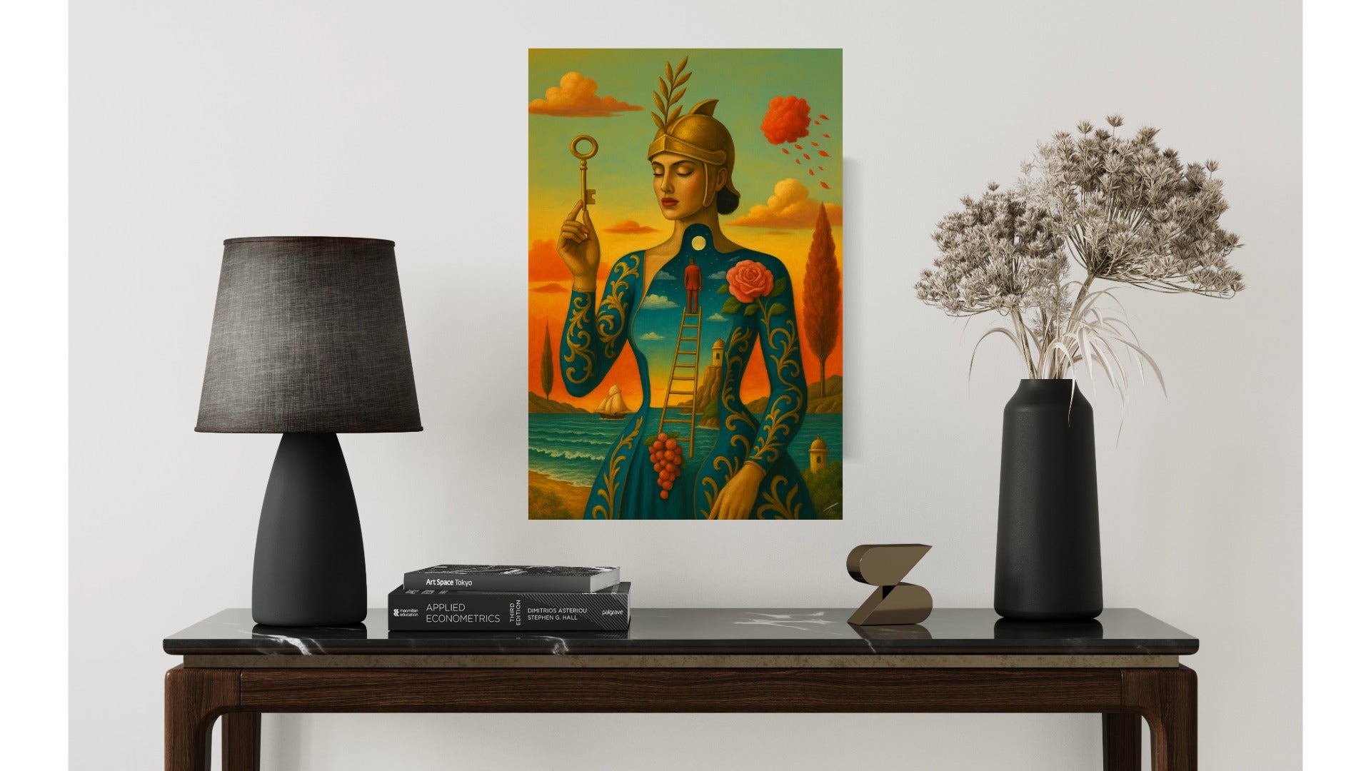 The Keyholders Reverie print, symbolic couture artwork with golden tones, displayed in an oak frame within a modern interior,