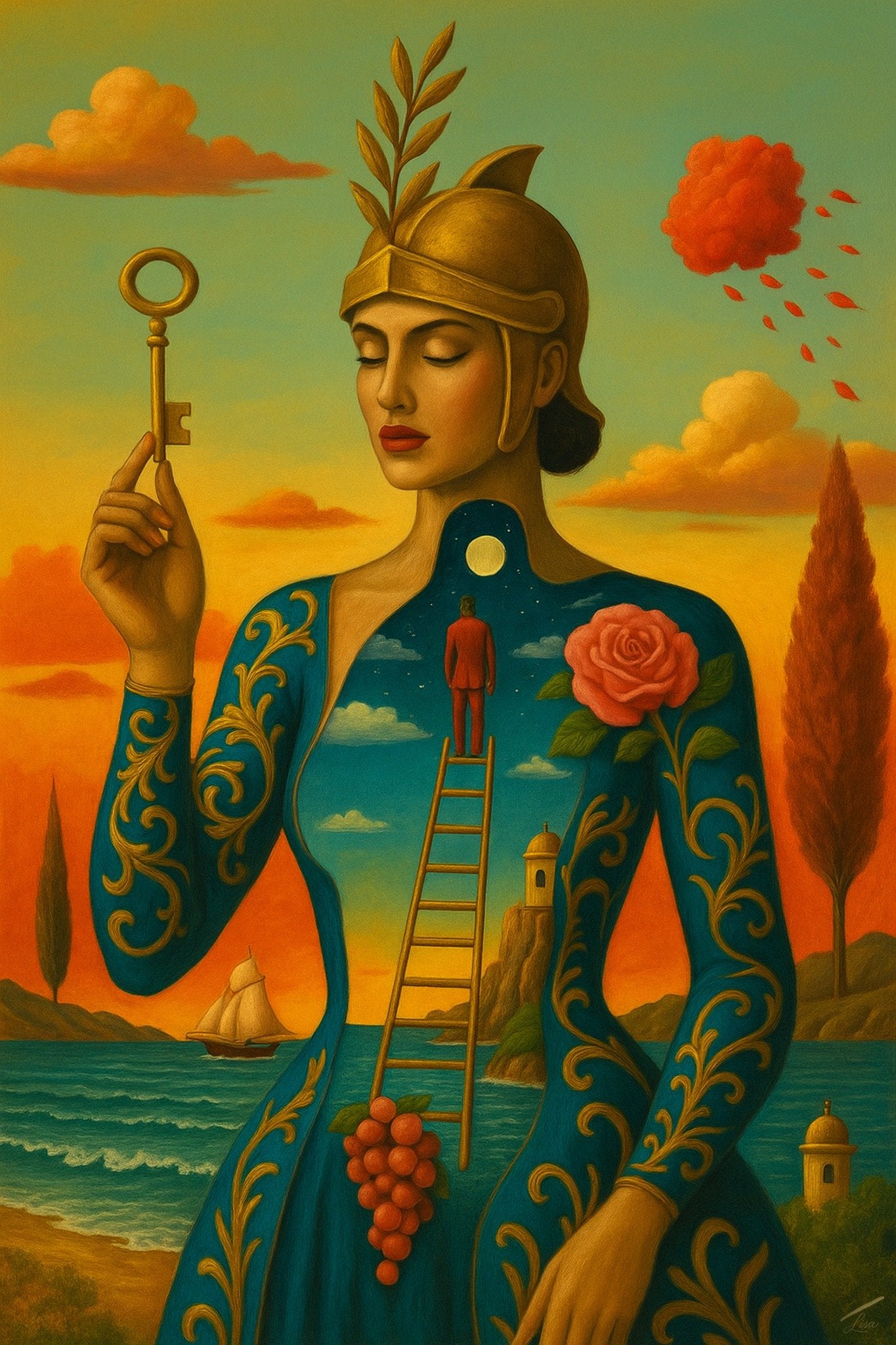 The Keyholders Reverie print, symbolic artwork featuring dreamy couture figures and golden surreal tones.