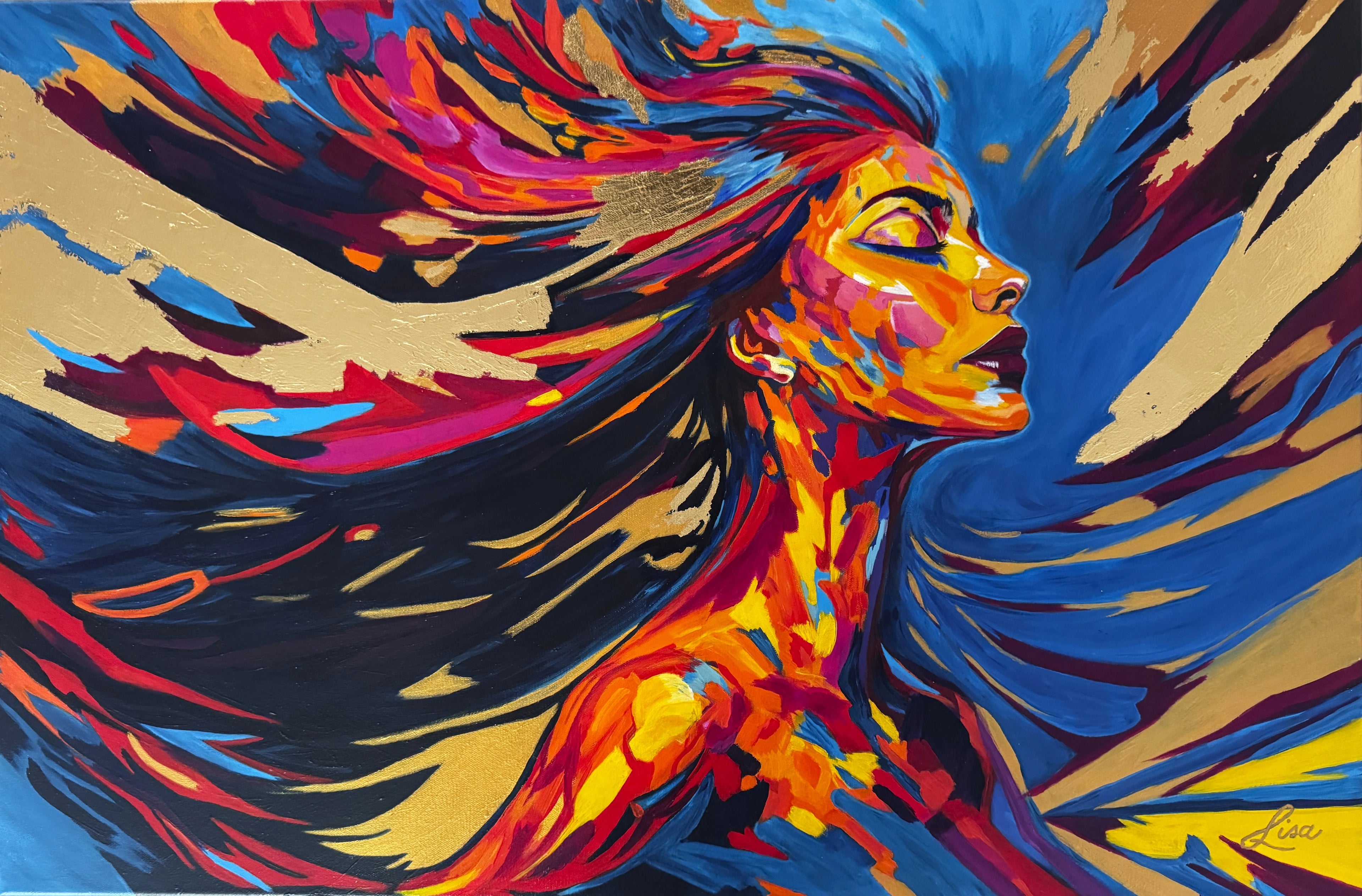 Unapologetically Alive original gold leaf painting featuring a vibrant abstract female form with bold colour and expressive movement.