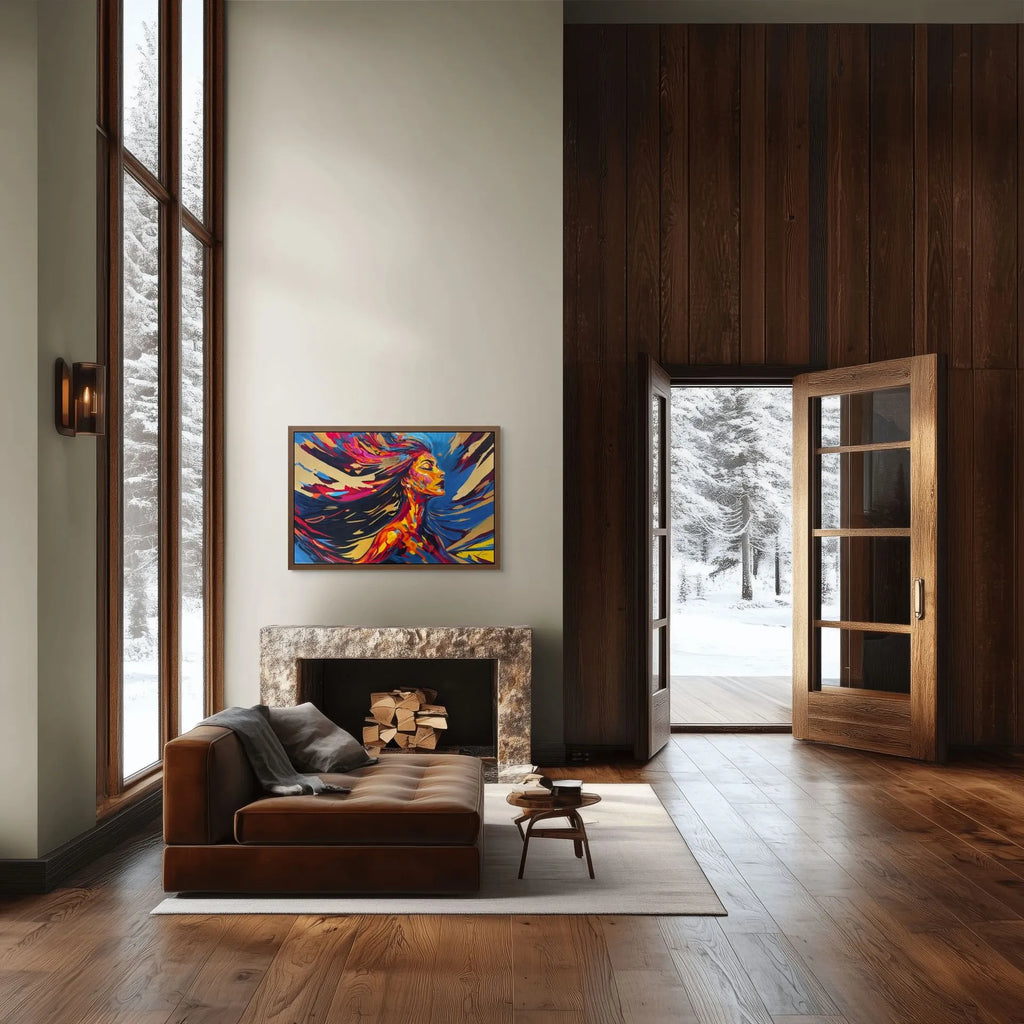 Unapologetically Alive painting displayed in an espresso frame within a modern living room, showcasing rich tones and dramatic contrast.
