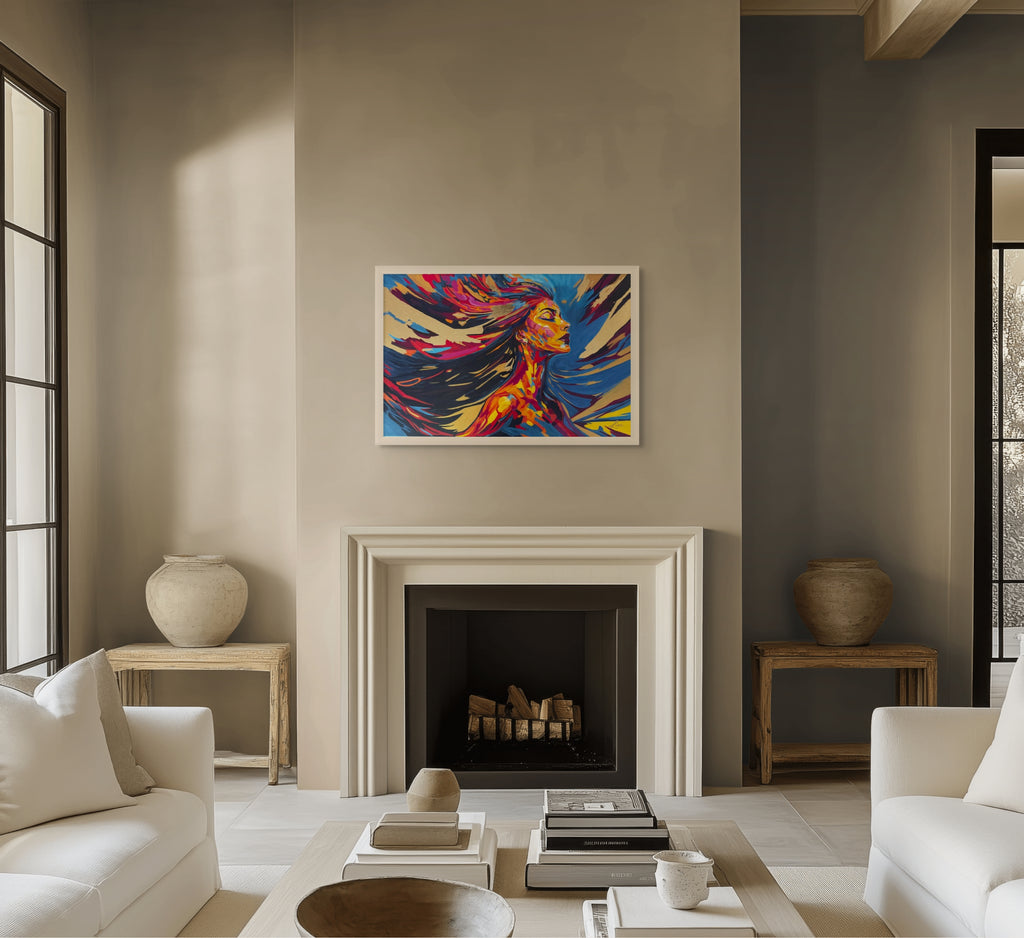 Unapologetically Alive original painting displayed in a white frame above a fireplace, styled in a modern neutral living room.