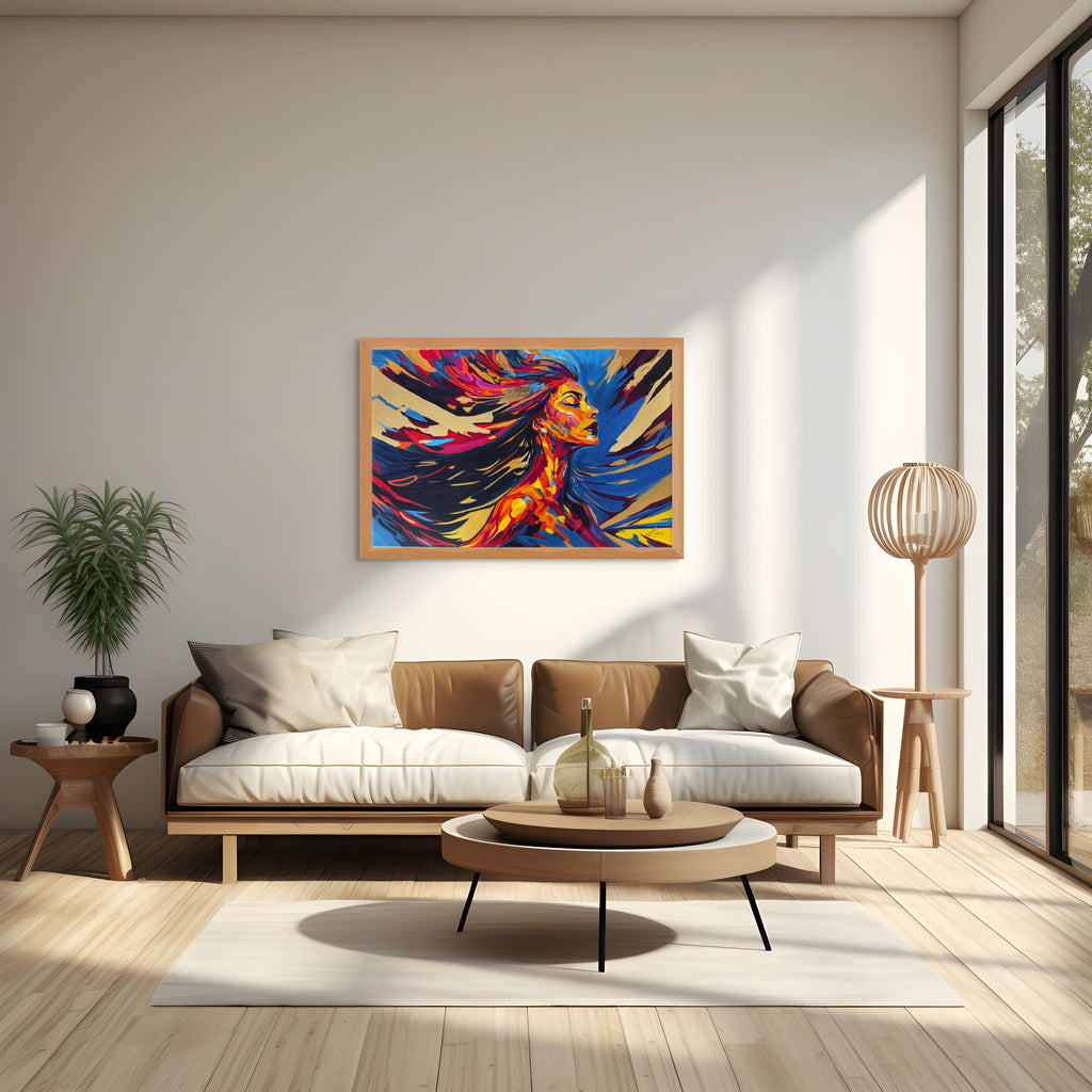 Unapologetically Alive gold leaf painting styled in an oak frame above a contemporary lounge, adding warmth and colour to the space.