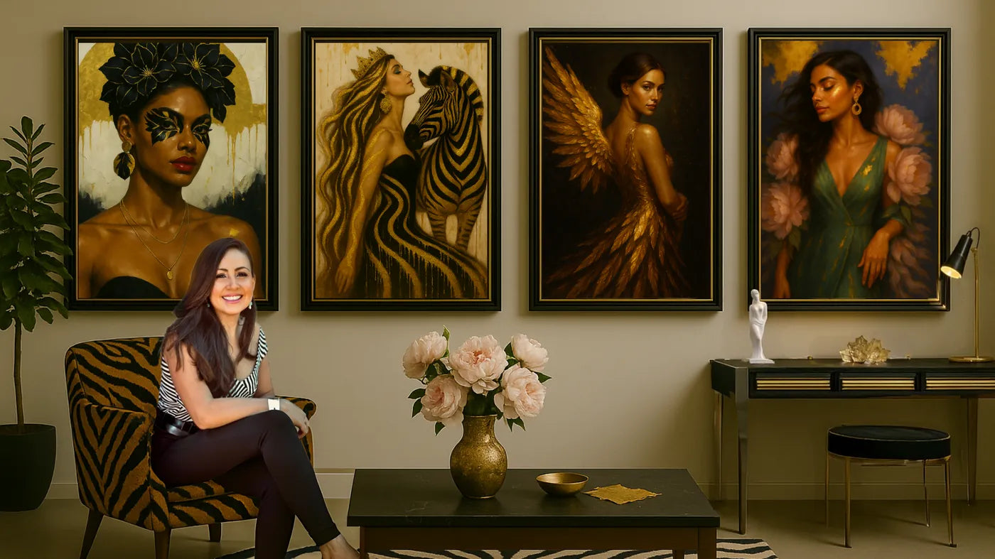 Luxury wall art gallery wall with gold foil paintings of glamorous women, zebra motifs, and florals in a modern interior setting.