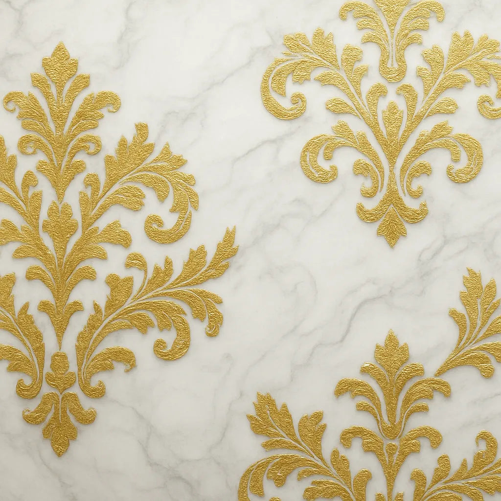 Decorative gold damask on marble background used in Luxe Wall Art by Lisa branding.