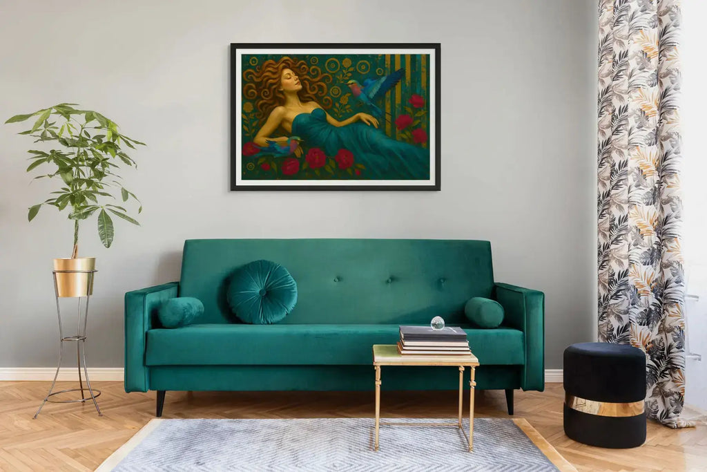 Serenade in Teal fine art print – floral couture portrait with teal accents and dramatic florals, shown in a modern lounge room.