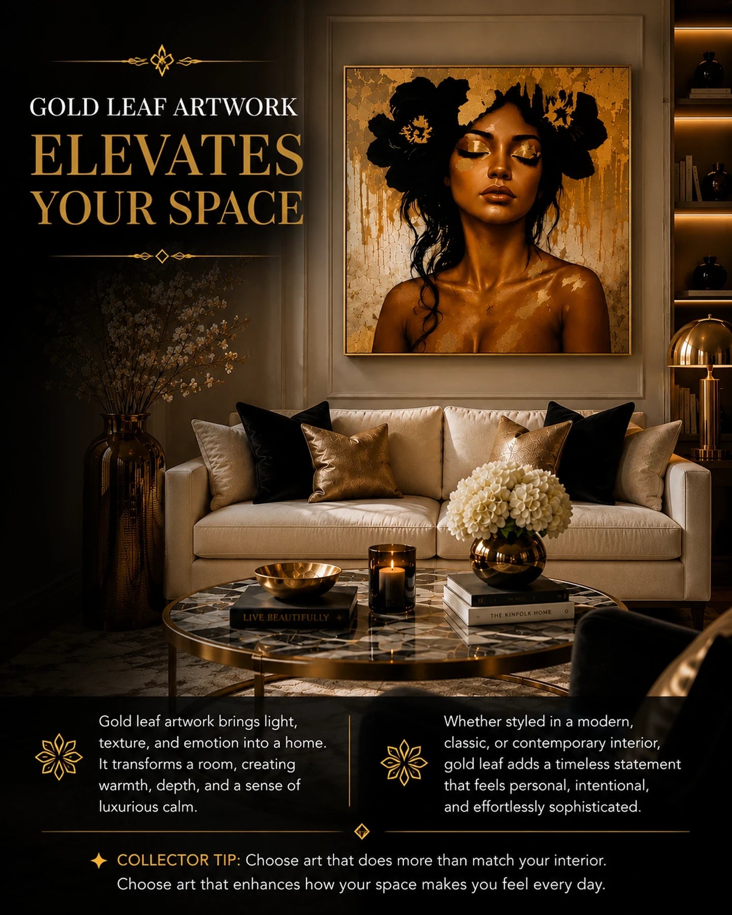 Luxury living room with a gold leaf portrait artwork above a cream sofa, showing how gold leaf artwork can elevate an interior space.