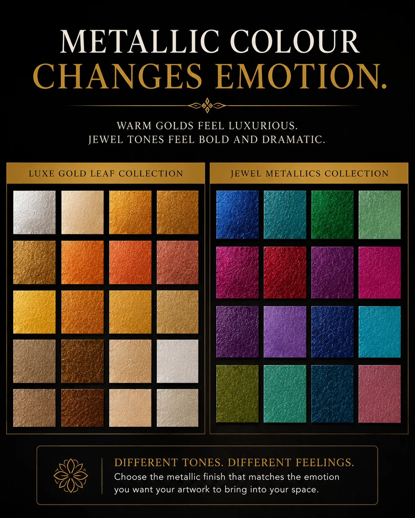 Black and gold infographic displaying metallic colour palettes in warm gold tones and jewel metallics to show how metallic gold leaf colour changes emotional atmosphere.