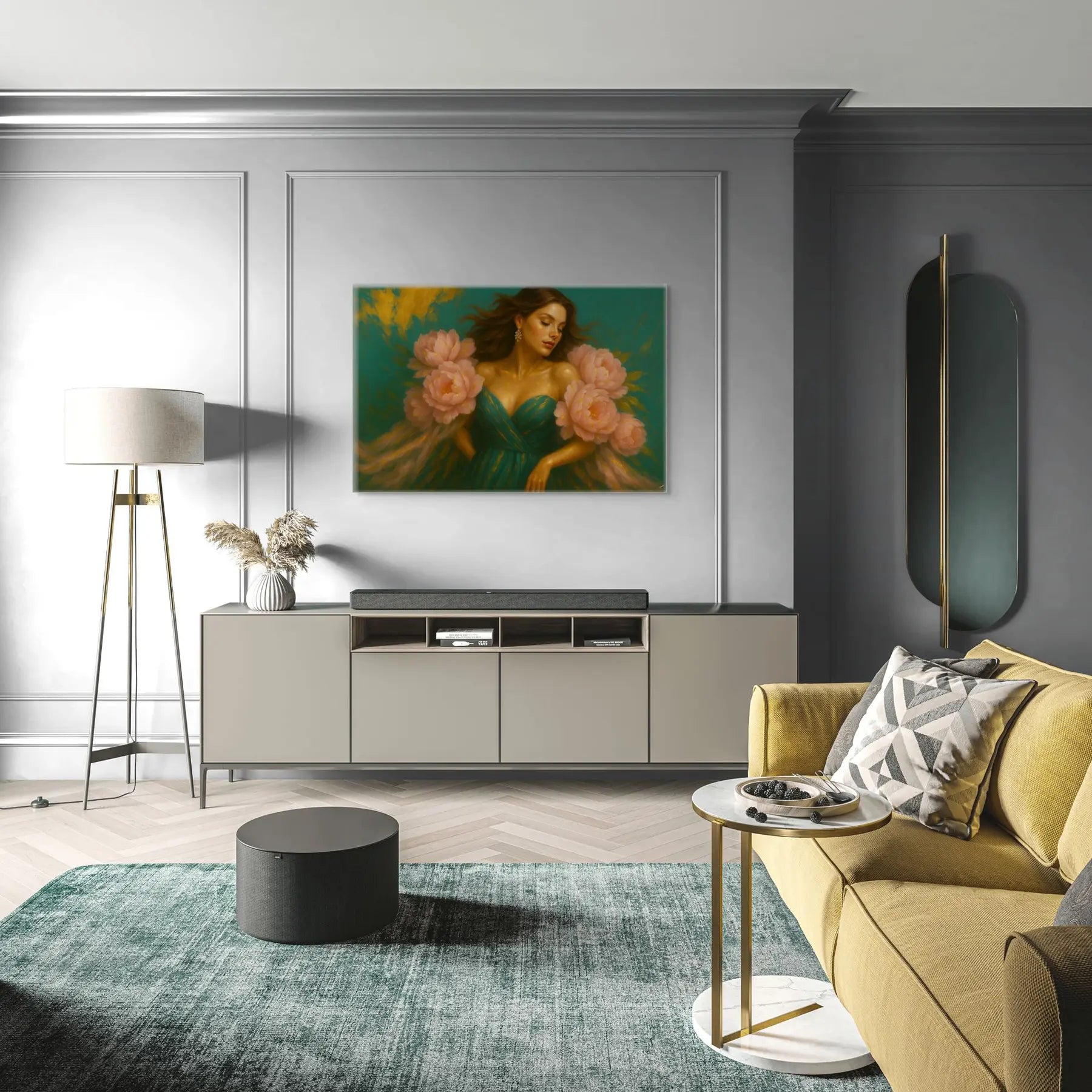 Golden Blush original painting – floral couture portrait with dramatic florals, shown in a modern lounge room.