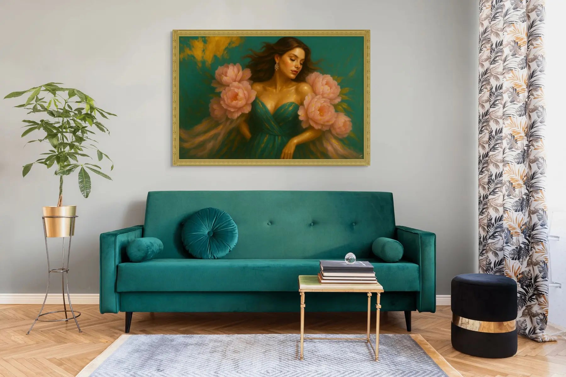 Golden Blush original painting – floral couture portrait with dramatic florals.