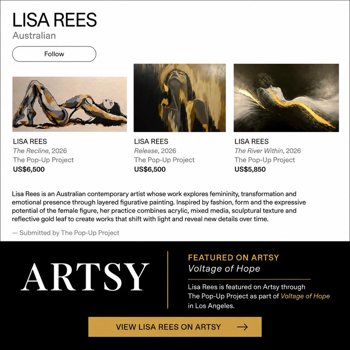 A promotional graphic for artist Lisa Rees, featuring three artwork thumbnails, a short biography, and a black footer with the ARTSY logo and a gold 'VIEW LISA REES ON ARTSY' button for Voltage of Hope exhibition in Los Angeles 2026