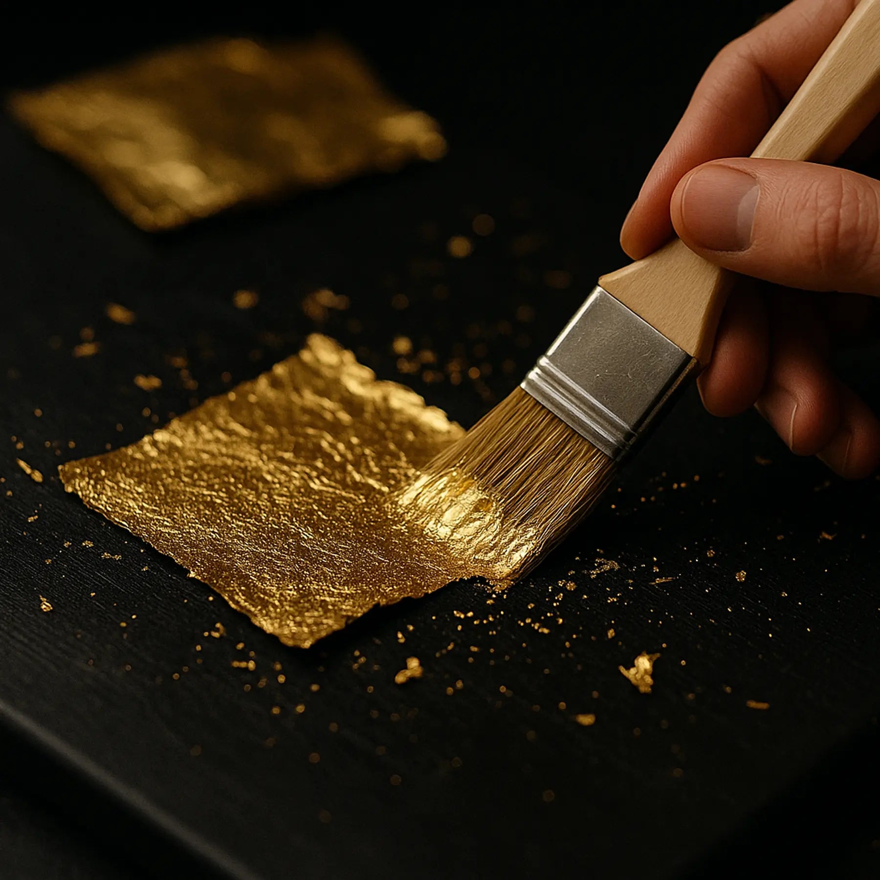 Hand holding a brush applying gold leaf to a black surface.