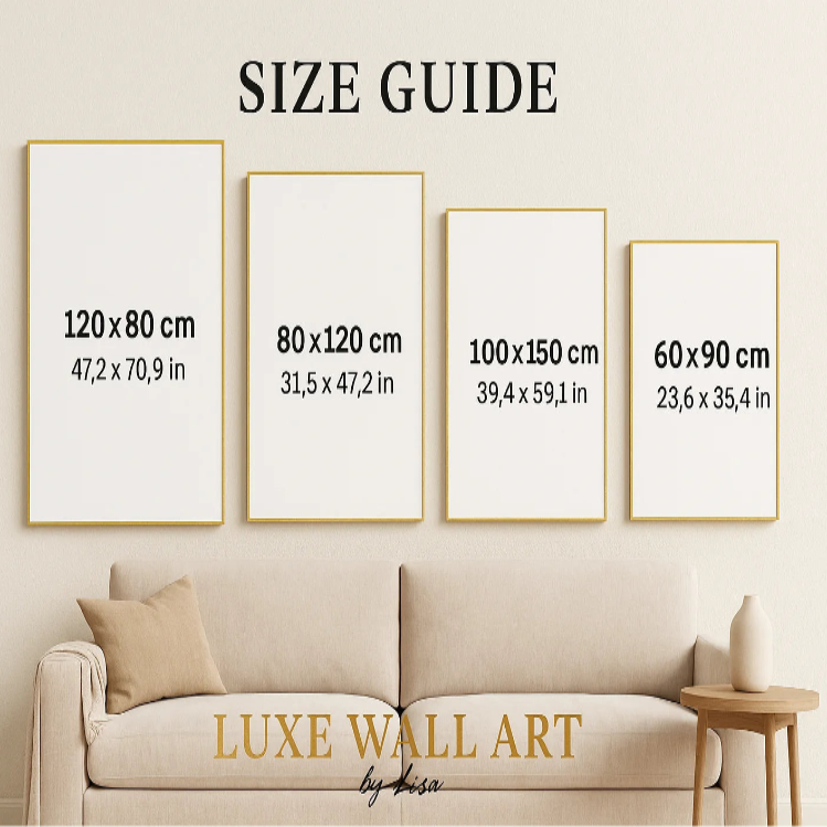 Size guide for Luxe Wall Art by Lisa with different frame sizes displayed in front of a beige sofa.
