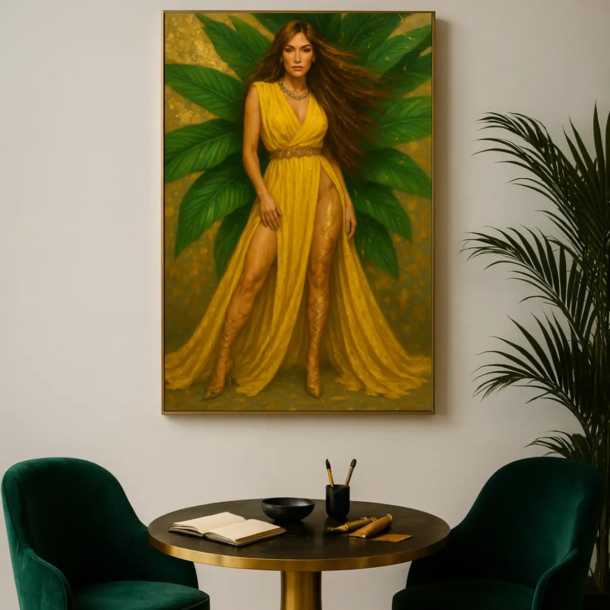 Gold table with green chairs and an original luxe wall art by lisa painting of a woman in a yellow dress on a wall.