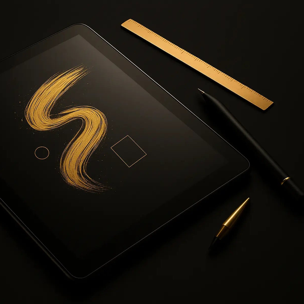 Digital concept sketch featuring black tablet with artistic gold swirl on iPad screen, accompanied by a gold fountain pen and ruler on a black background used in Luxe Wall Art by Lisa studio.