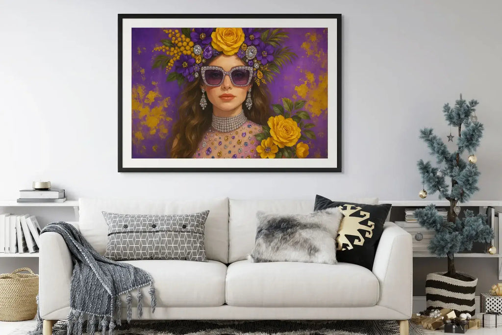 Amethyst Muse fine art print – couture portrait with surreal symbolism, shown in a modern lounge room.
