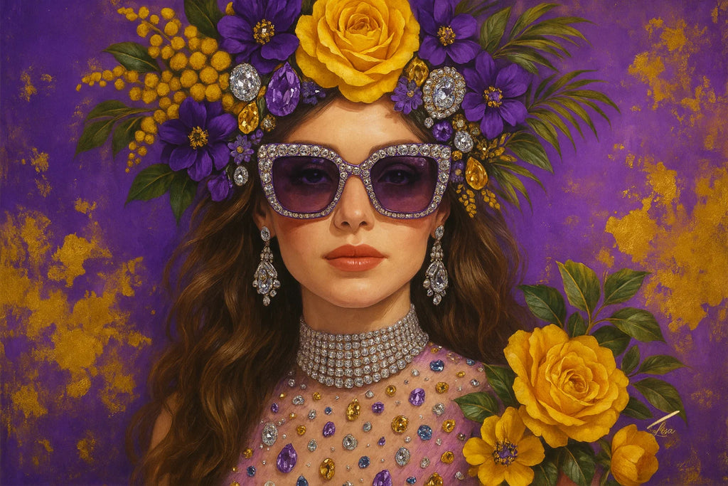 Amethyst Muse is a luxury fine art print – couture portrait with surreal symbolism in gold and yellow colours and embellished sunglasses.