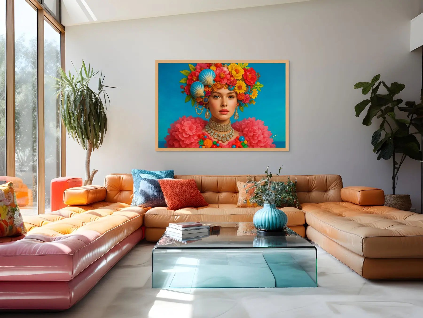 Azure Bloom Royale original painting – couture floral artwork with gold leaf detailing, shown in a modern lounge room.