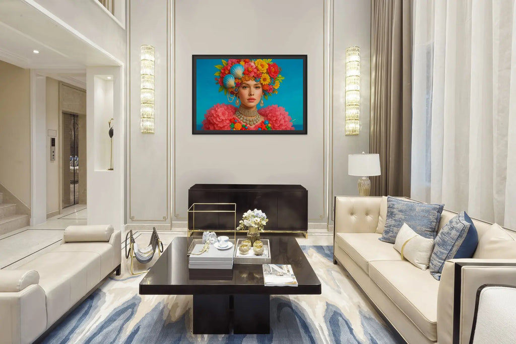 Azure Bloom Royale original painting – couture floral artwork with gold leaf detailing, shown in a modern lounge room.