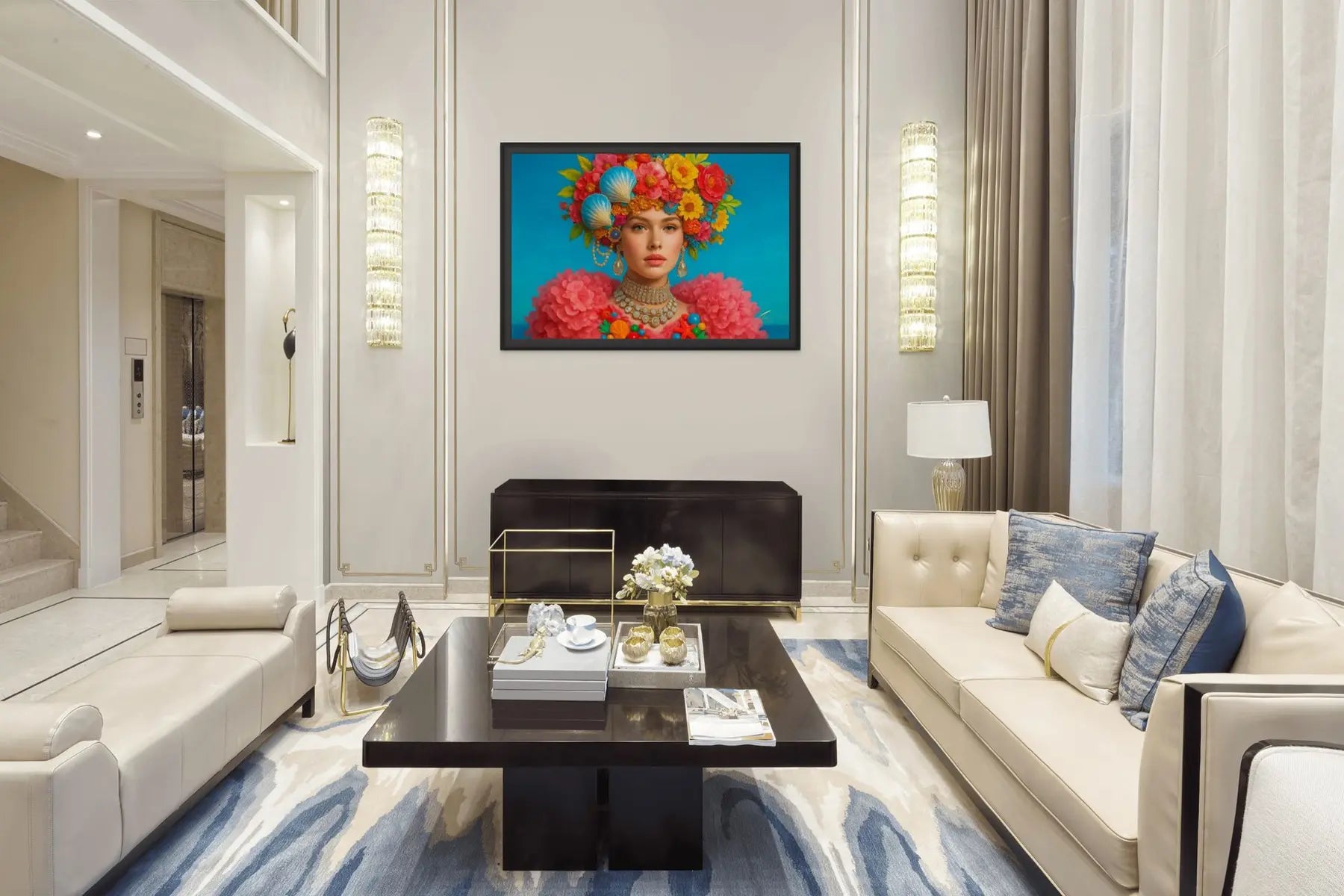 Azure Bloom Royale original painting – couture floral artwork with gold leaf detailing, shown in a modern lounge room.