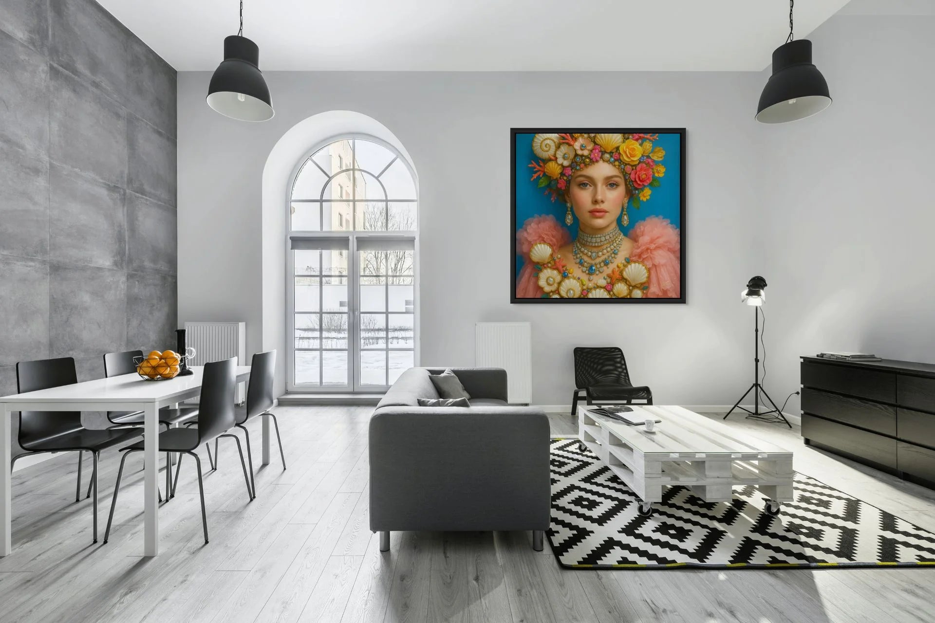 Coral Sonata fine art print – couture portrait with luxe detailing, shown in a modern living room.