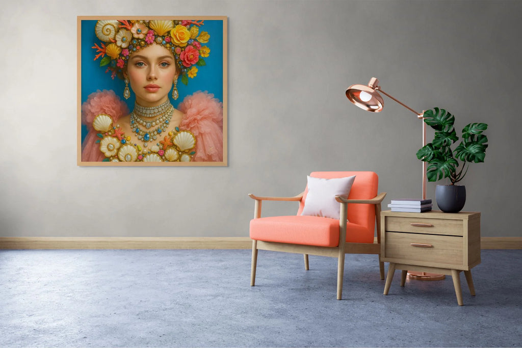 Coral Sonata fine art print – couture portrait with luxe detailing, shown in a modern interior.