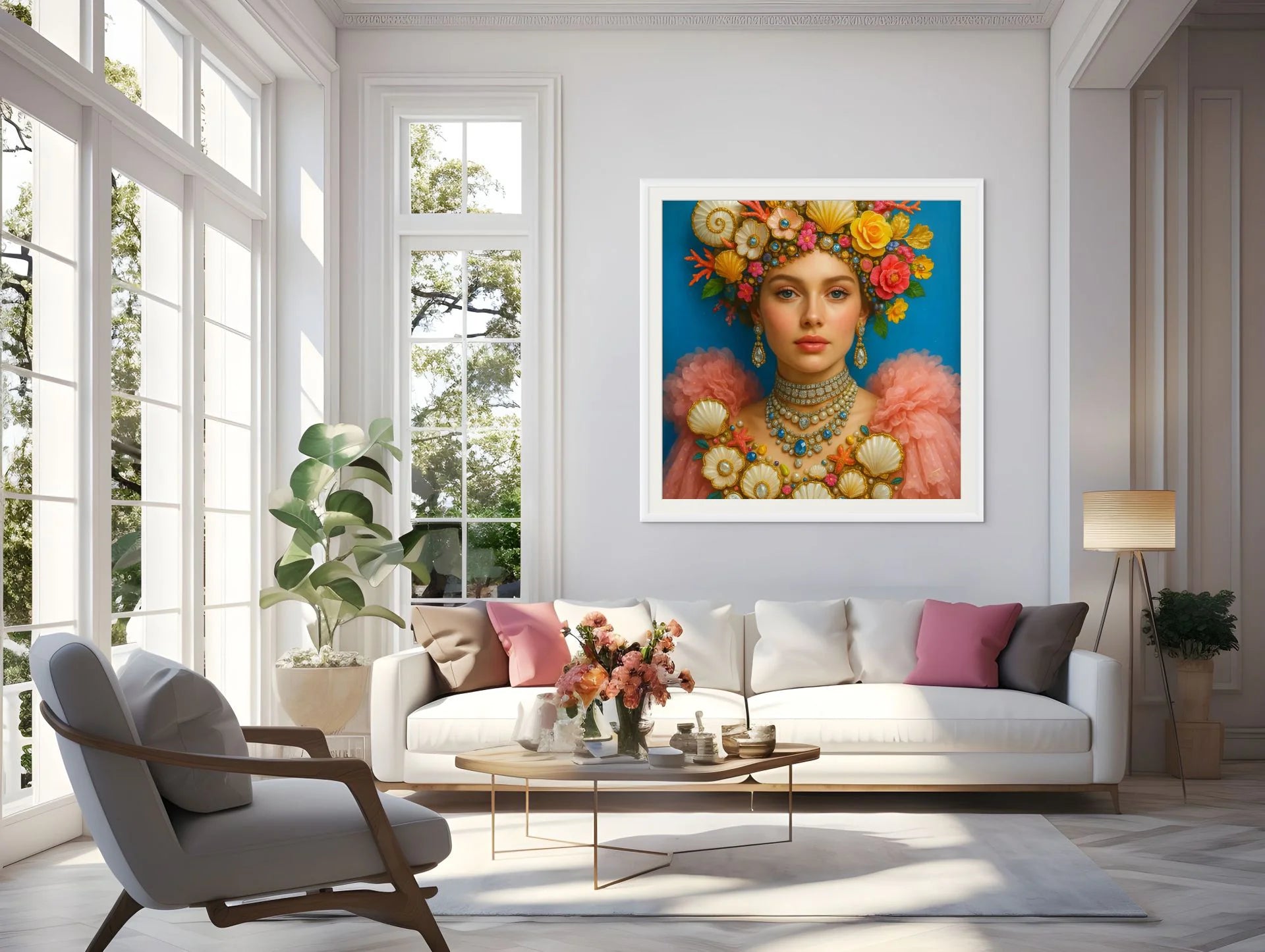 Coral Sonata fine art print – couture portrait with luxe detailing, shown in a modern living room.