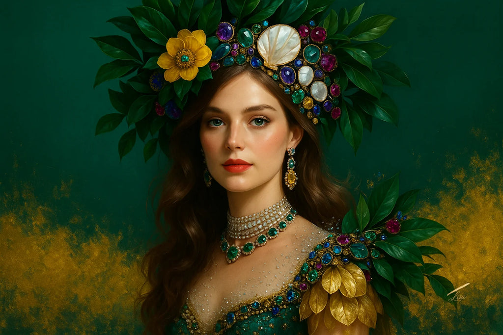 Emerald Grace luxury fine art print of a woman wearing a decorative headpiece with flowers and jewels against a green and yellow background.